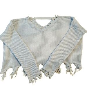 Full Tilt Fringe Cropped Sweater - Womens Size XL - X-Large - Light Blue